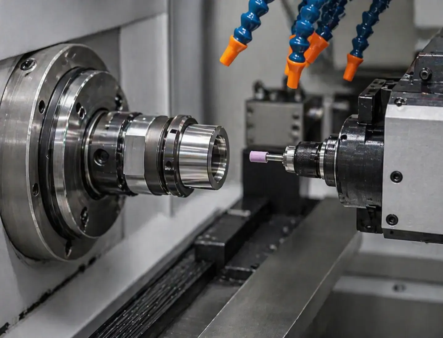 Precision grinding wheel refining a machined metal surface for tight-tolerance parts